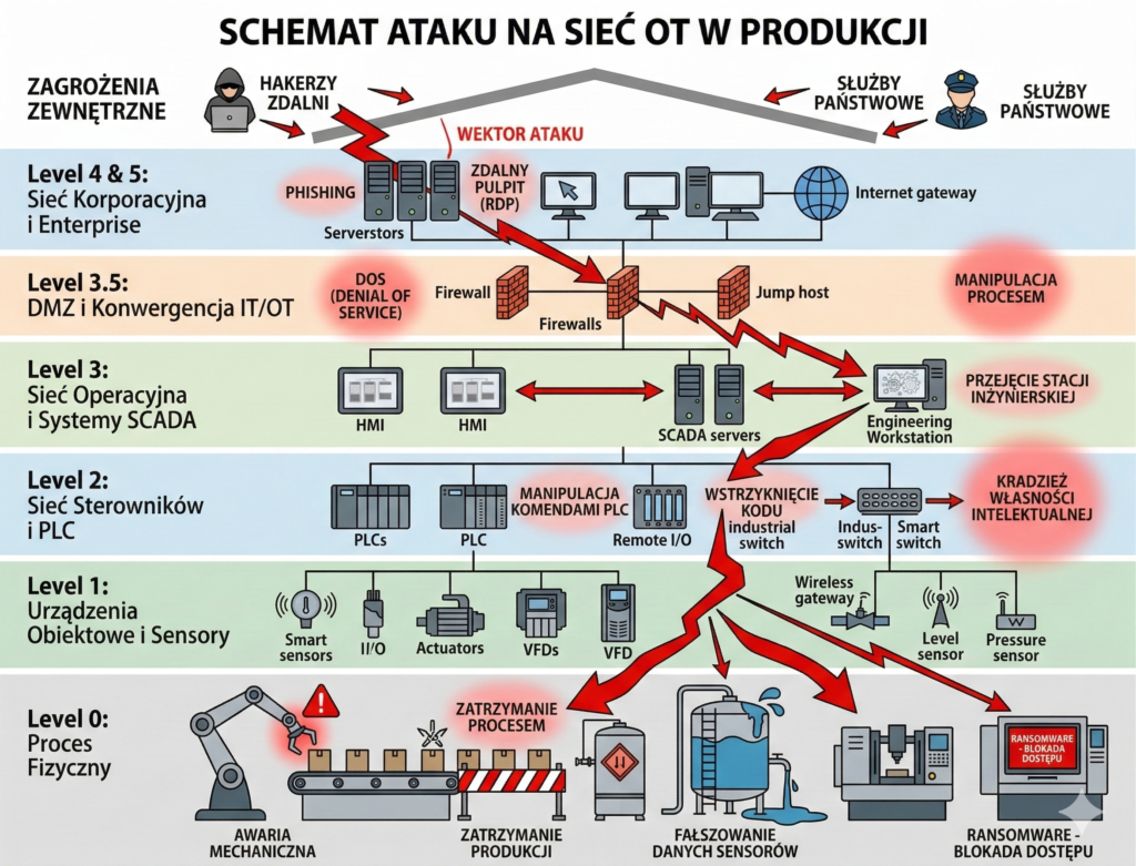 Schemat ataku na sieć OT w produkcji