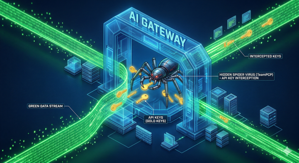 Grafika koncepcyjna 3D przedstawiająca atak na bramę AI LiteLLM przez grupę TeamPCP. Cyfrowy pająk (wirus) przechwytuje złote klucze API wewnątrz zablokowanego terminala, wizualizując atak na łańcuch dostaw AI.